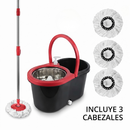 Girolimpio™ Kit Completo de Limpieza – Palo + Balde con Dispensador de Jabón + 3 Mopas de Repuesto