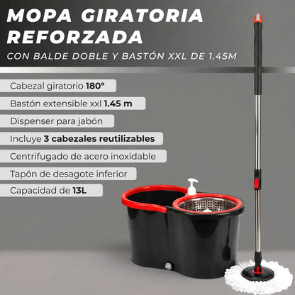 Girolimpio™ Kit Completo de Limpieza – Palo + Balde con Dispensador de Jabón + 3 Mopas de Repuesto